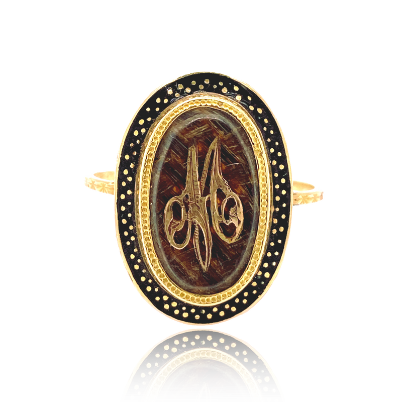 Sold on Layaway | 18K French Victorian Initial M Black Enamel Ring with Hairwork