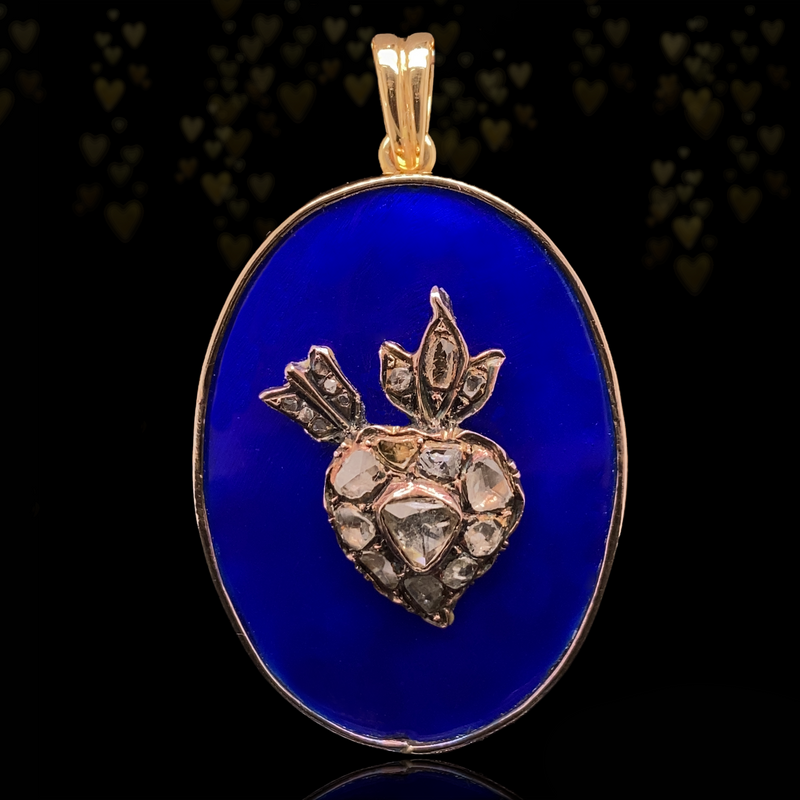 18K Victorian Diamond Flaming Heart Blue Enamel Pendant