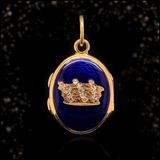 18K French Victorian Diamond Crown & Star Blue Guilloche Enamel Locket