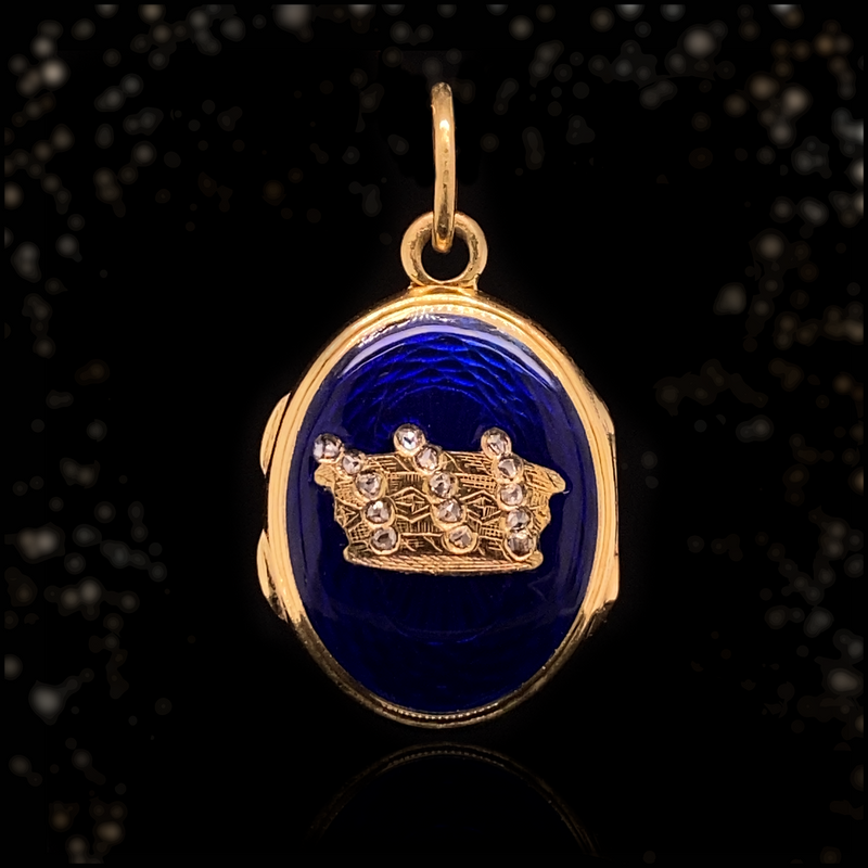 18K French Victorian Diamond Crown & Star Blue Guilloche Enamel Locket