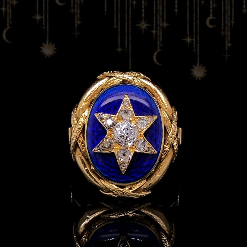 18K Italian Victorian Diamond Star & Blue Guilloche Enamel Ring