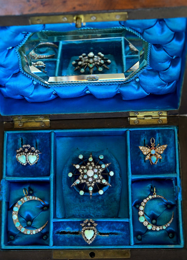18K & Silver Victorian Diamond & Opal Crowned Heart Ring