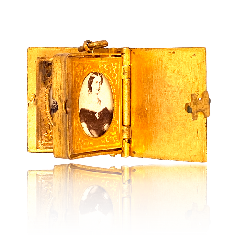 Gold Gilt French Napoleon III Book Locket with Original Photographs