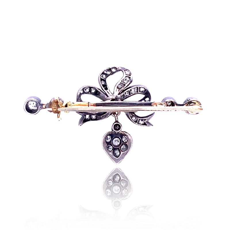 14K & Silver Victorian Diamond Bow Heart Brooch