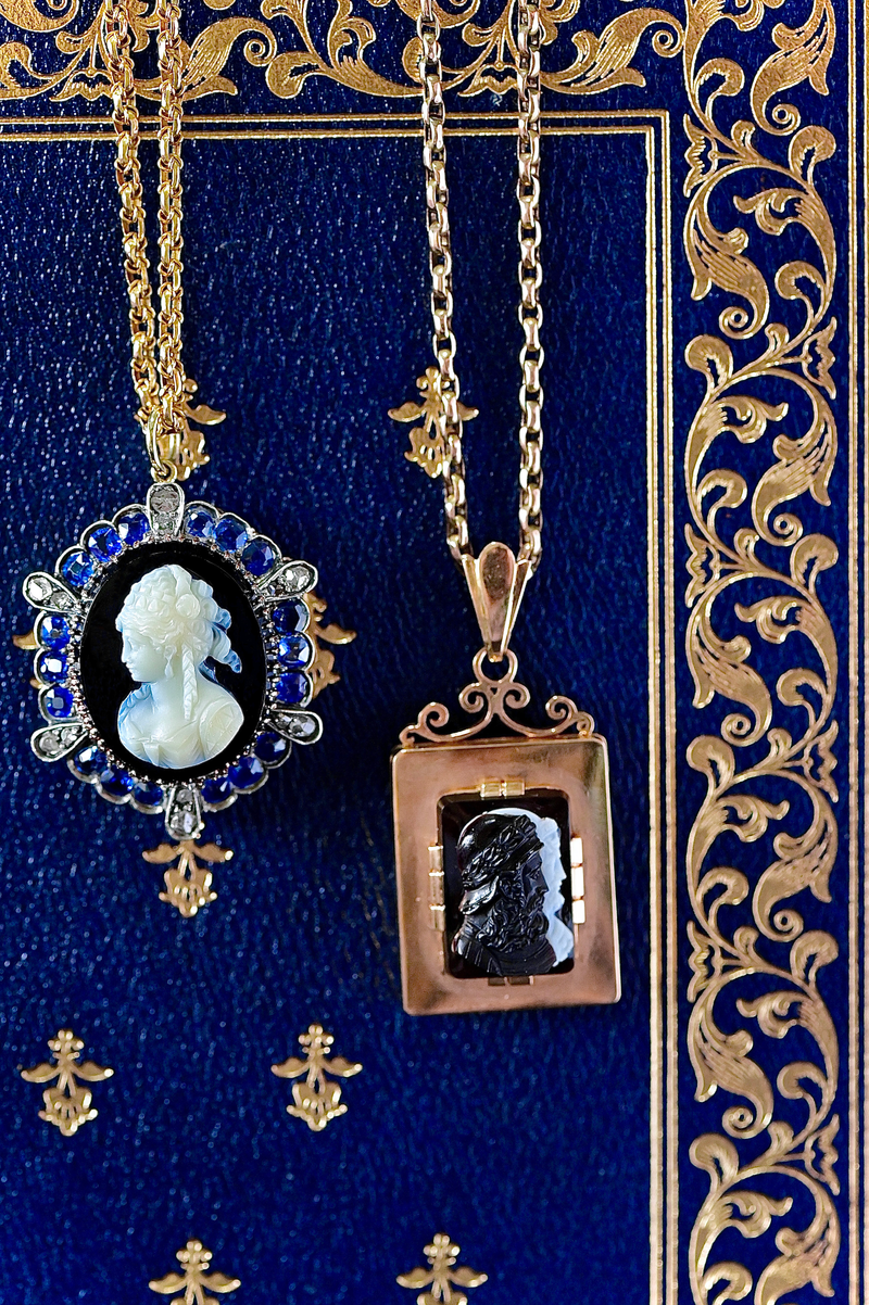 18K & Silver French Victorian Diamond, Sapphire & Onyx Cameo Pendant