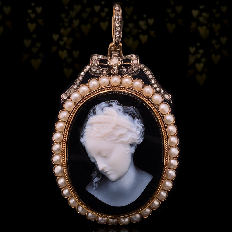 18K & Silver French Victorian Diamond, Onyx & Pearl Lady Cameo Bow Pendant (Masterpiece)