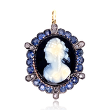 18K & Silver French Victorian Diamond, Sapphire & Onyx Cameo Pendant