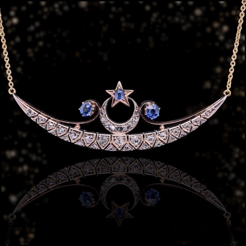 14K & Silver Victorian Diamond & Sapphire Celestial Star Crescent Necklace