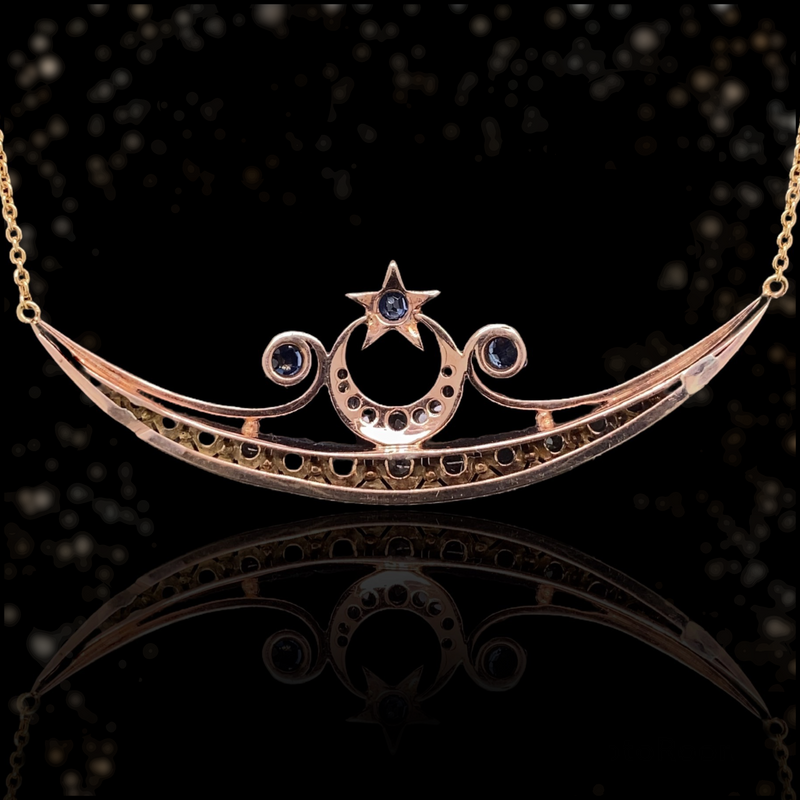 14K & Silver Victorian Diamond & Sapphire Celestial Star Crescent Necklace