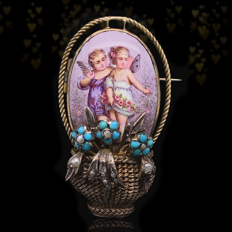 14K & Silver Austrian-Hungarian Victorian Turquoise & Pearl Enamel Cherub Flower Basket Brooch-Pendant