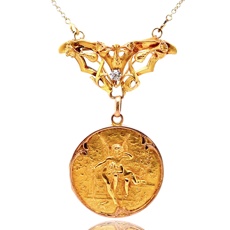 18K Victorian Art Nouveau Diamond Cherubs Brooch, Locket & Detachable Necklace