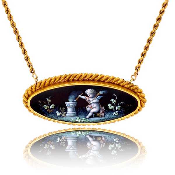 18K Victorian Cherubs En-Grisalle Enamel Rope Necklace