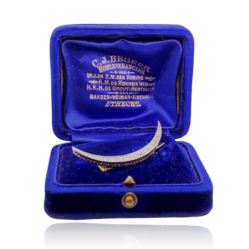 14K Dutch Edwardian C.J. Begeer Diamond Crescent Brooch with Original Box c.1902