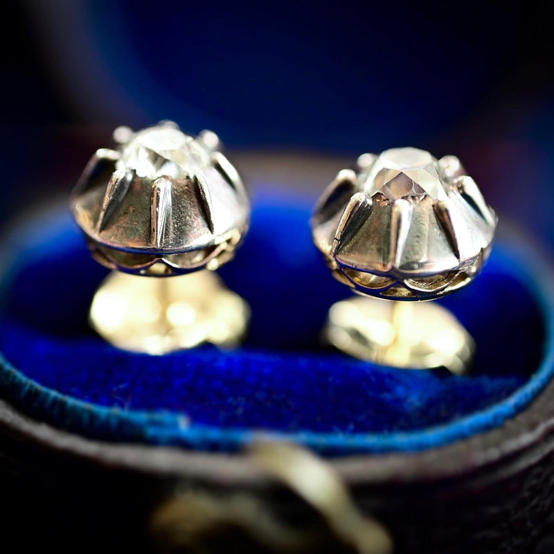 18K & Silver Victorian Diamond Collet Set Stud Earrings