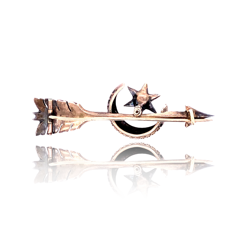 14K & Silver Victorian Diamond Crescent Star Arrow Brooch