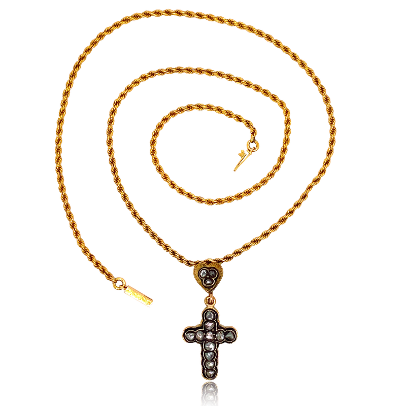 18K French Victorian Diamond Black Enamel Heart Cross Necklace