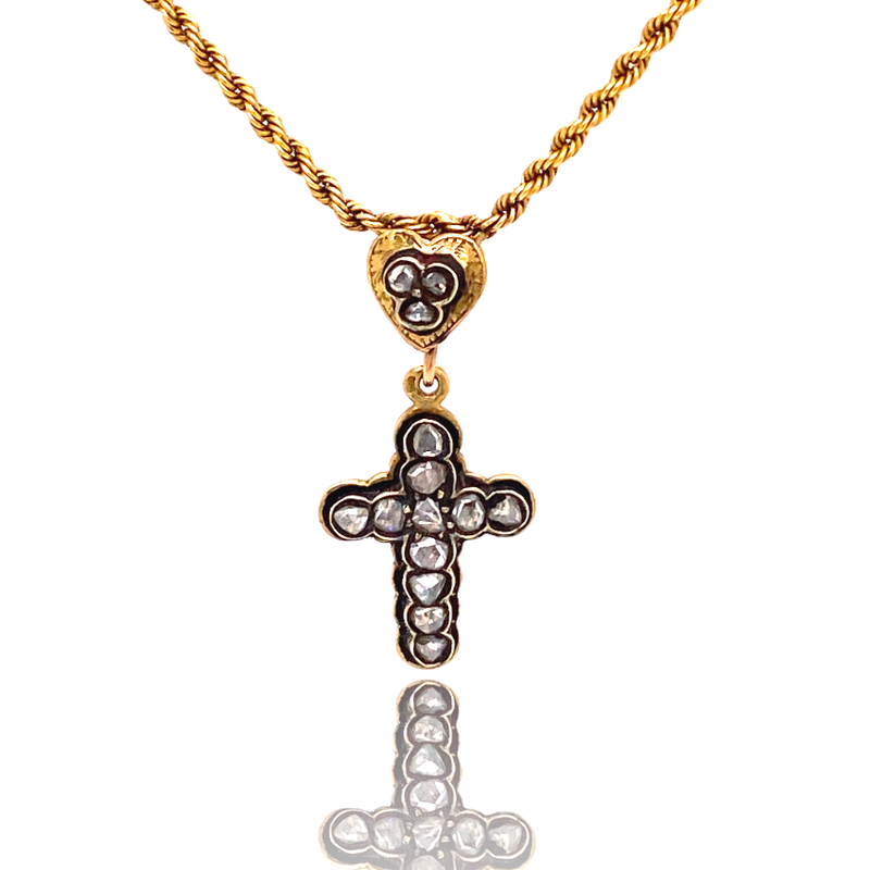 18K French Victorian Diamond & Black Enamel Heart Cross Necklace