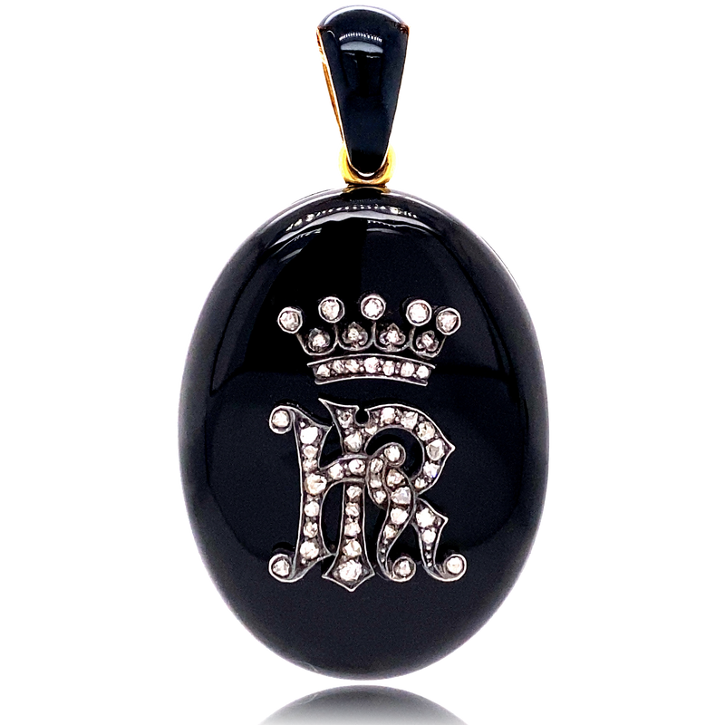 18K & Silver Victorian Diamond Onyx Coronet Crown Monogram HR/RH Locket