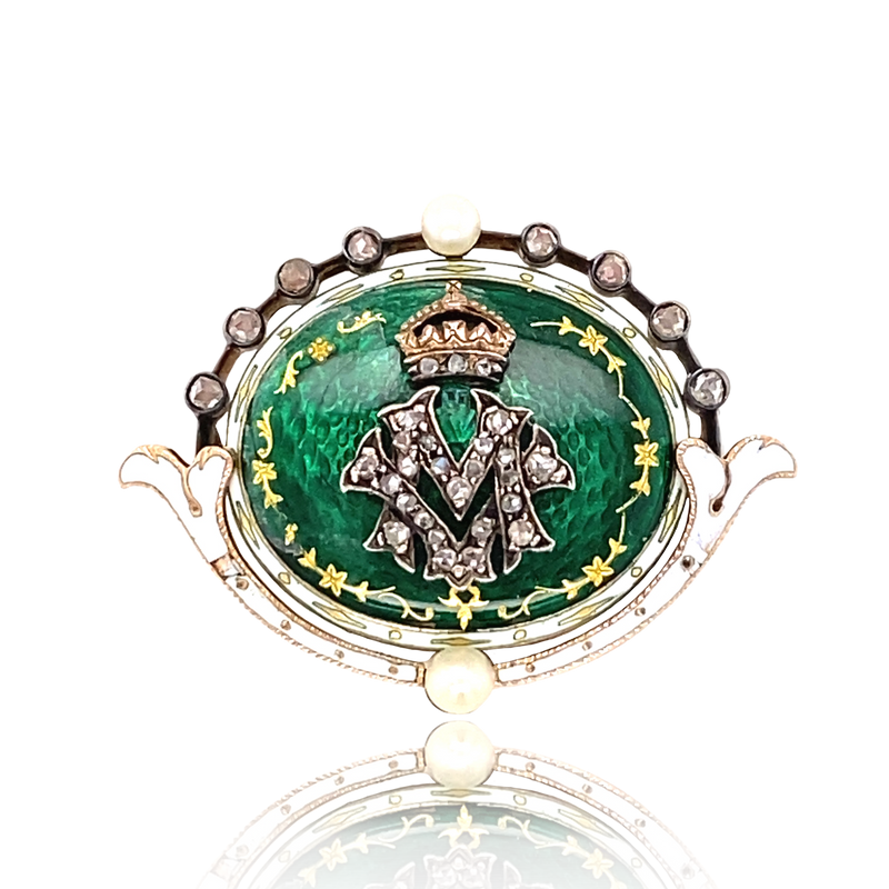 14K & Silver German Victorian Diamond, Pearl & Enamel Monogram MV/VM Brooch - Attributed to Princess Victoria Margaret of Prussia
