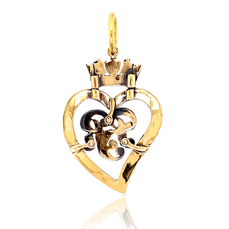14K & Silver Victorian Diamond & Enamel Monogram BR/RB Crowned Heart Pendant
