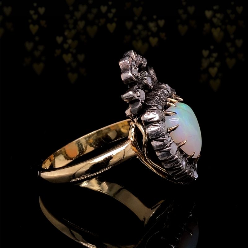 18K & Silver Victorian Diamond & Opal Crowned Heart Ring