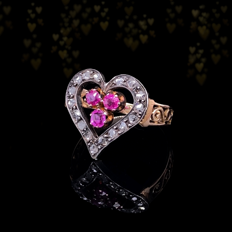 14K Silver Victorian Diamond Ruby Heart Ring Lace Jewels