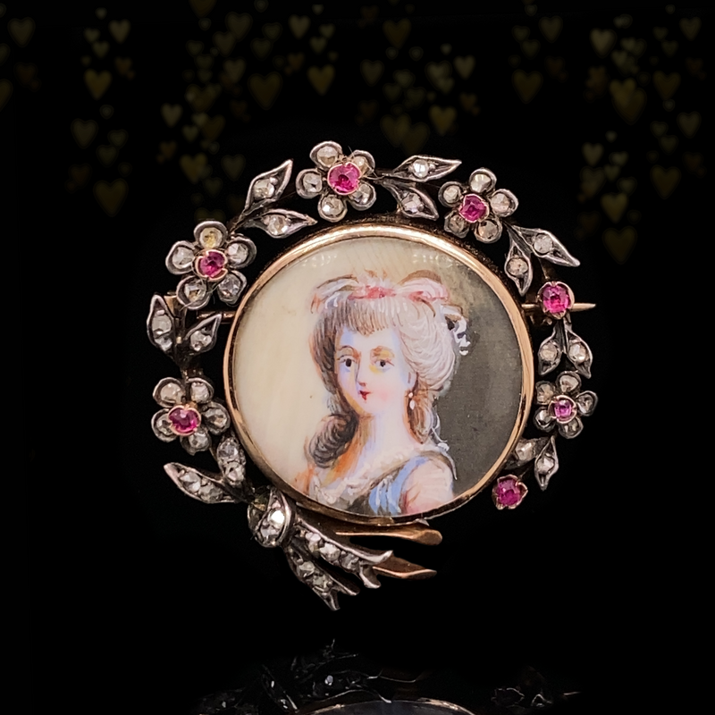 14K & Silver Austrian Victorian Diamond & Ruby Lady Portrait Flower Brooch