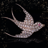 Sold on Layaway | 14K & Silver Victorian Diamond & Ruby Swallow Brooch