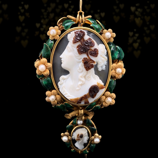 18K Victorian Hardstone Agate Double Cameo with Pearl & Green Enamel Brooch-Pendant Suite