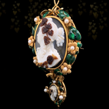 Sold on Layaway | 18K Victorian Hardstone Agate Double Cameo with Pearl & Green Enamel Brooch-Pendant Suite
