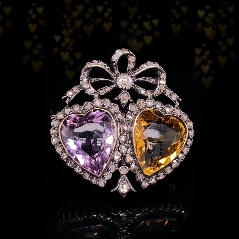 18K & Silver European Victorian Diamond, Amethyst & Citrine Crowned Double Heart Brooch