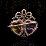 18K & Silver European Victorian Diamond, Amethyst & Citrine Crowned Double Heart Brooch