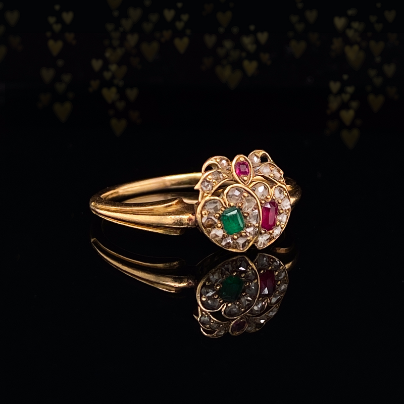 14K European Victorian Diamond, Emerald & Ruby Crowned Double Heart Ring