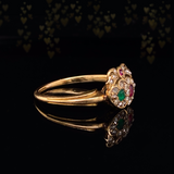 14K European Victorian Diamond, Emerald & Ruby Crowned Double Heart Ring