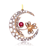 9K & Silver Victorian Diamond & Garnet Flower Crescent Pendant