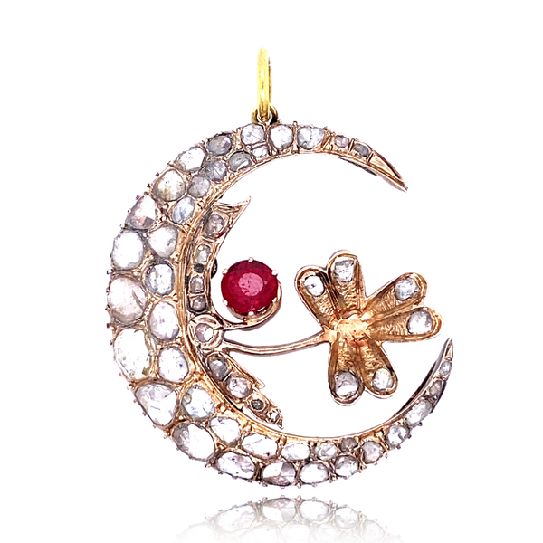 9K & Silver Victorian Diamond & Garnet Flower Crescent Pendant
