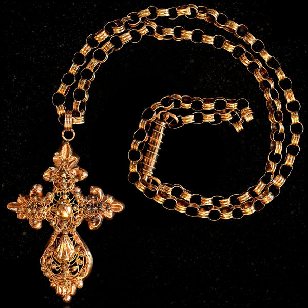 14K Dutch Victorian Cannetille Cross Pendant & Chain with Spiral Clasp 18"
