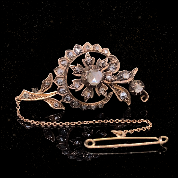 14K Dutch Victorian Diamond Floral Crescent Brooch