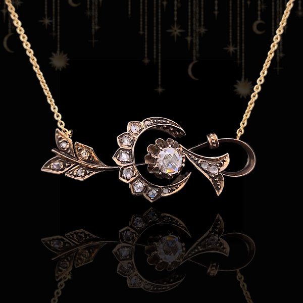 14K Dutch Victorian Diamond Crescent Arrow Necklace