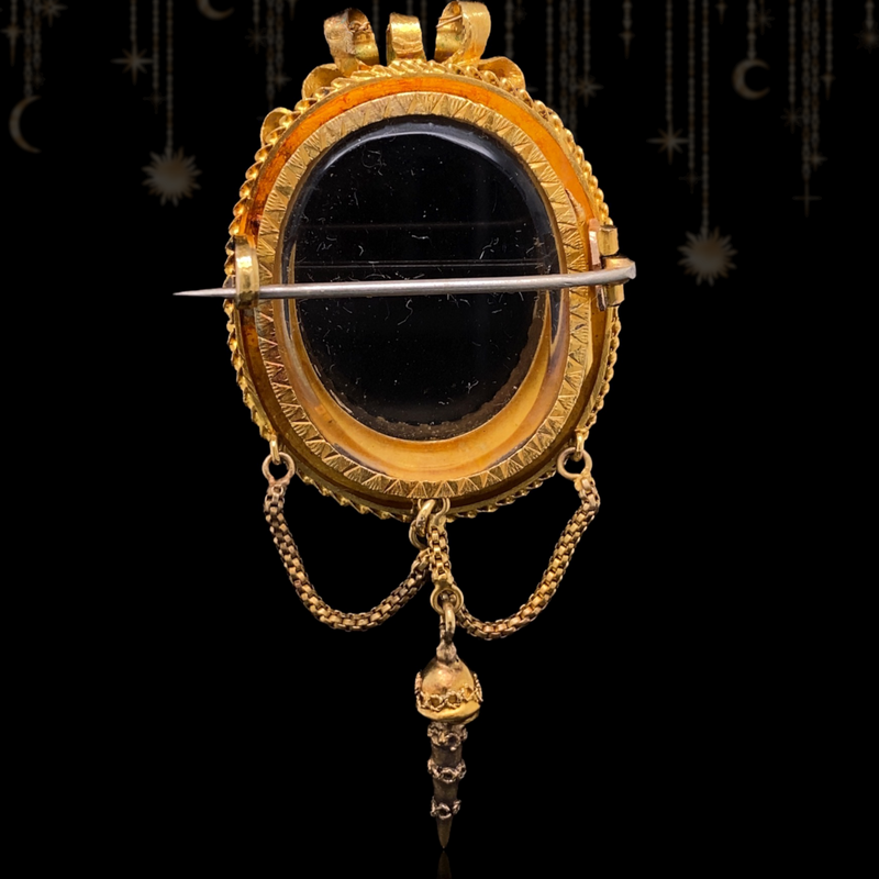 14K Dutch Victorian Onyx & Pearl Initial S Locket-Brooch c.1875 (With Provenance)