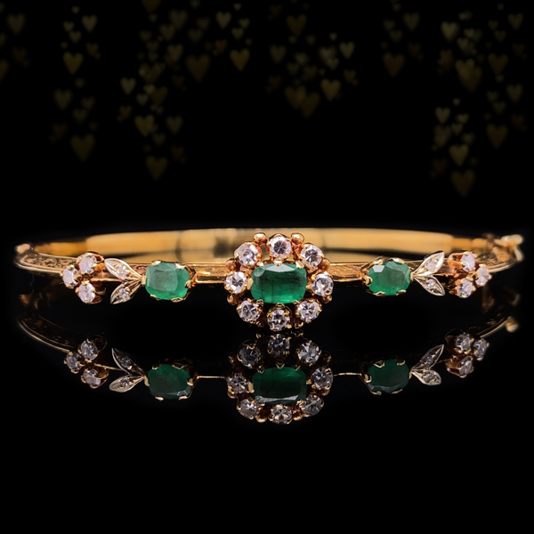 18K Victorian French Diamond & Emerald Cluster Engraved Bangle