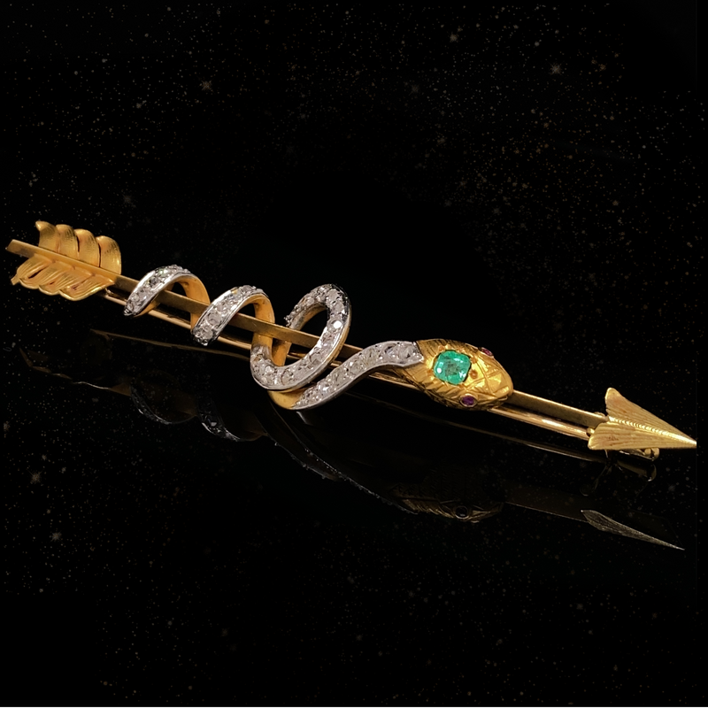 18K & Platinum French Victorian Diamond, Emerald & Ruby Snake Arrow Brooch With Original Box