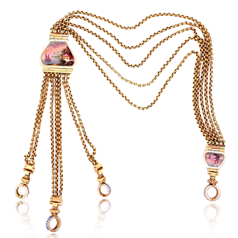 18K Victorian Scenic Enamel Watch Chain with Clips