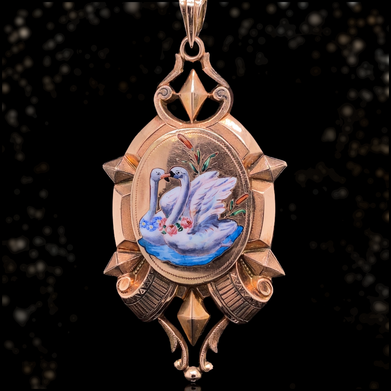 14K European Victorian Swan Enamel Locket Lace Jewels