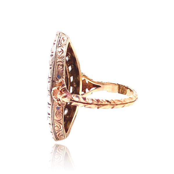 18K & Silver Victorian Diamond Navette Engraved Ring