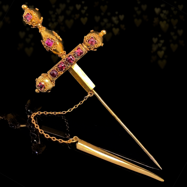 15K Victorian Ruby & Garnet Sword Jabot Pin