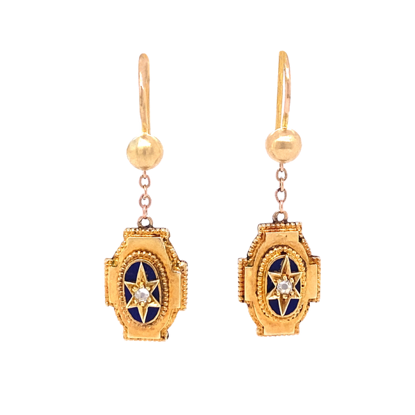 15K Victorian Estrucan Diamond Star Dangle Earrings