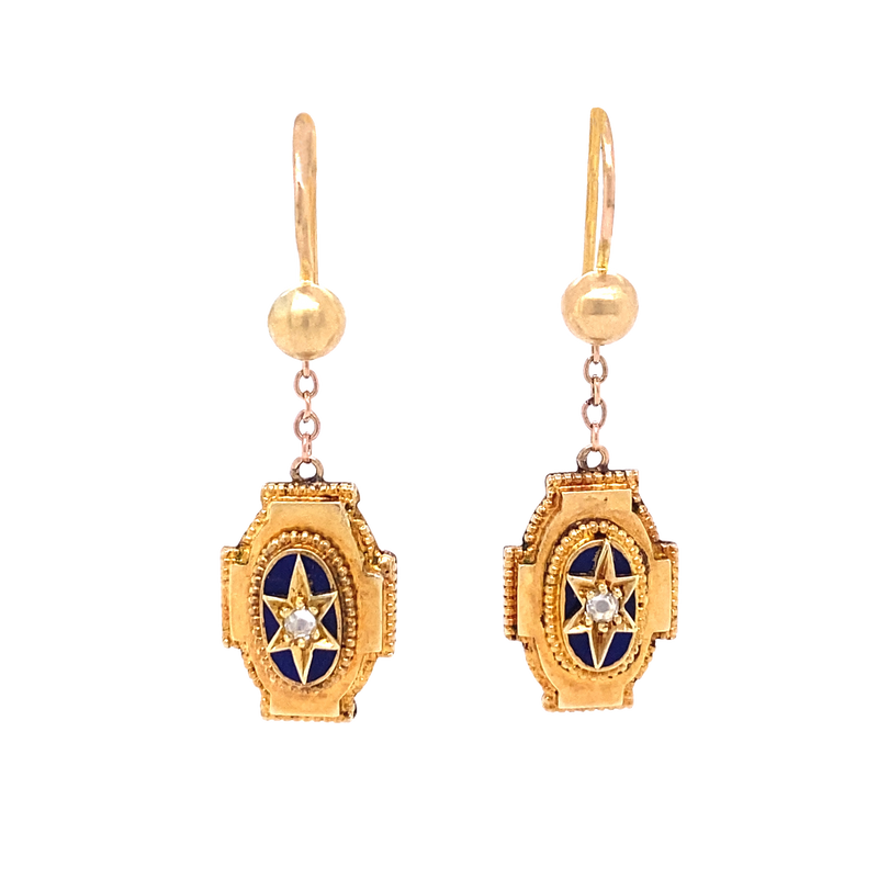 15K Victorian Estrucan Diamond Star Dangle Earrings