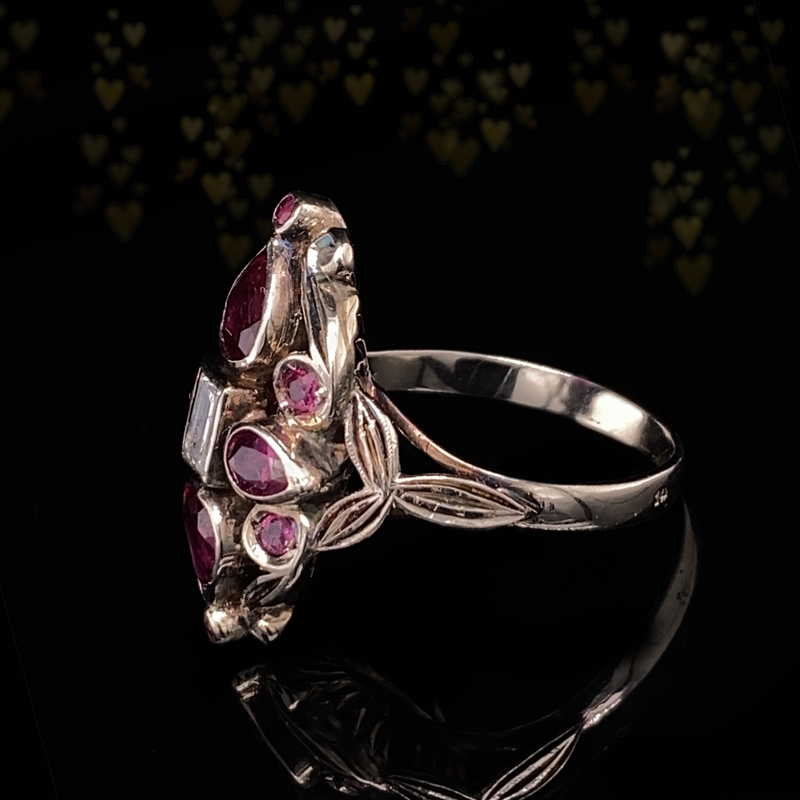 14K Art Deco Diamond & Ruby Navette Ring