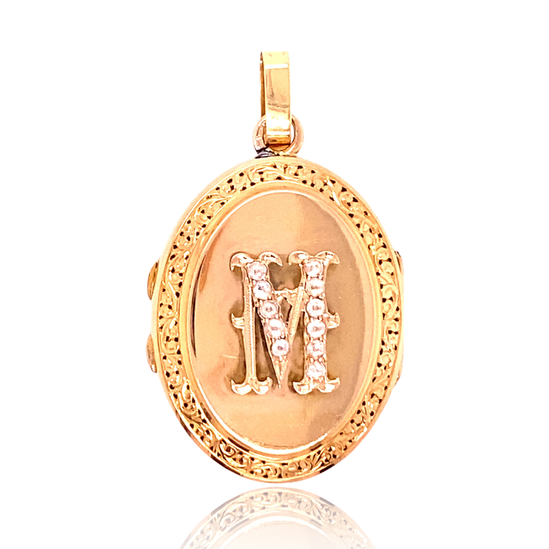 Sold on Layaway | 18K French Victorian Filigree Diamond Initial M Locket